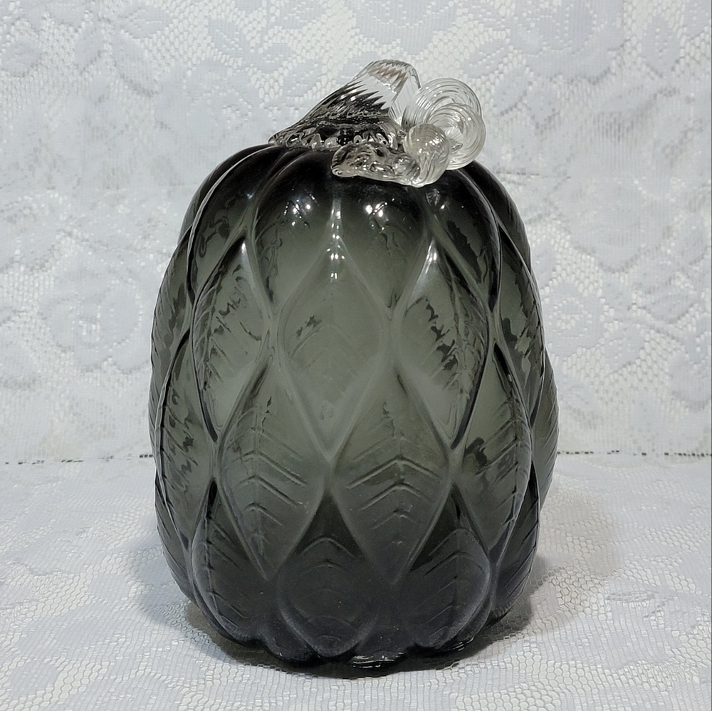 Black Gray Quilted Glass Pumpkin 8.5" Vintage Style Fall Halloween Home Decor